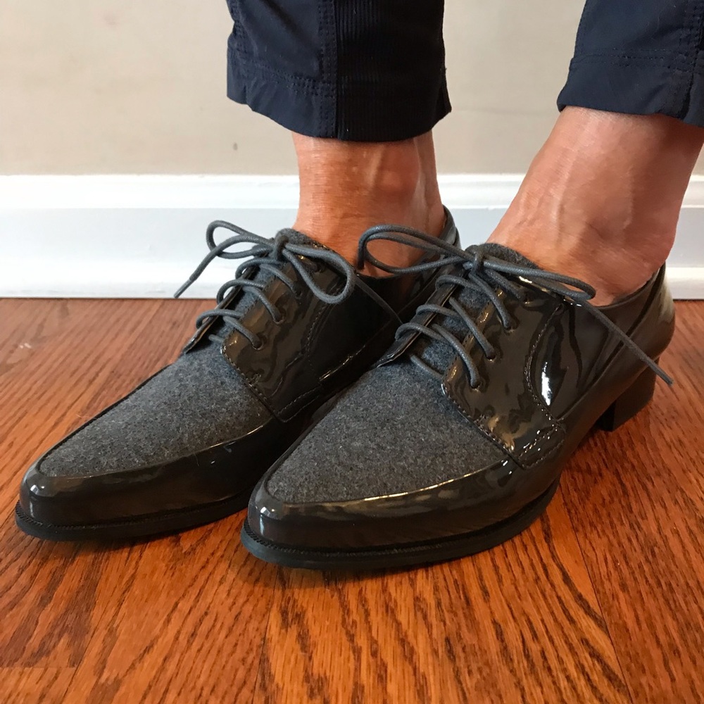 Grey Patent Leather Oxfords with Felt Accent